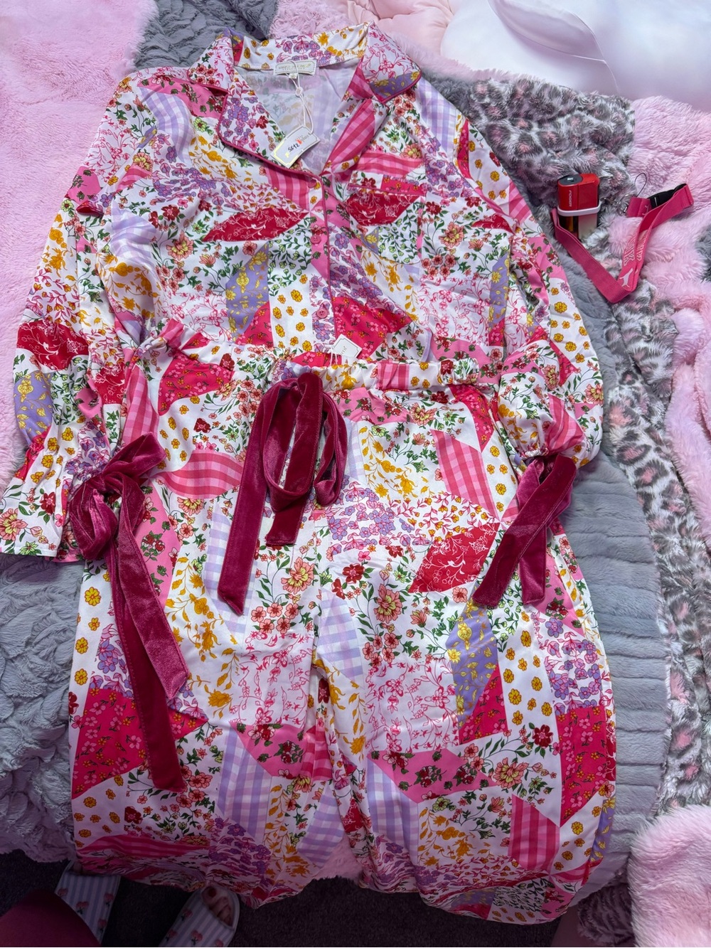 Simply Southern Pink Multicolor Patchwork Floral Pajama Set with Velvet Ties
